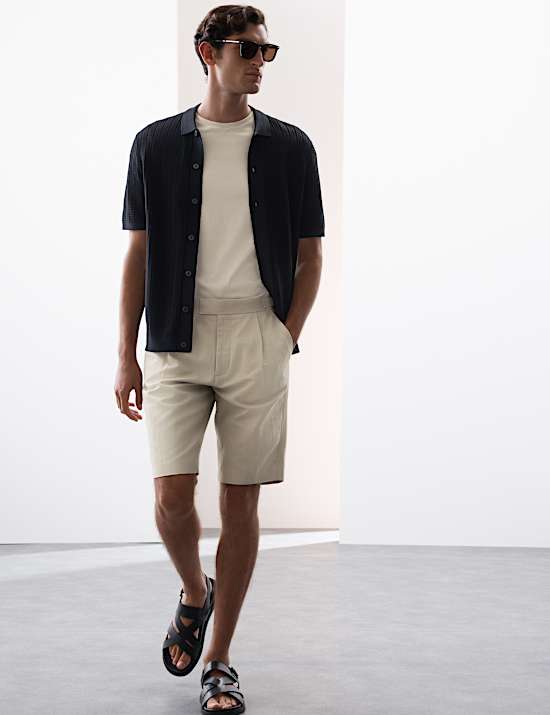 Cotton Linen Blend Single Pleat Shorts