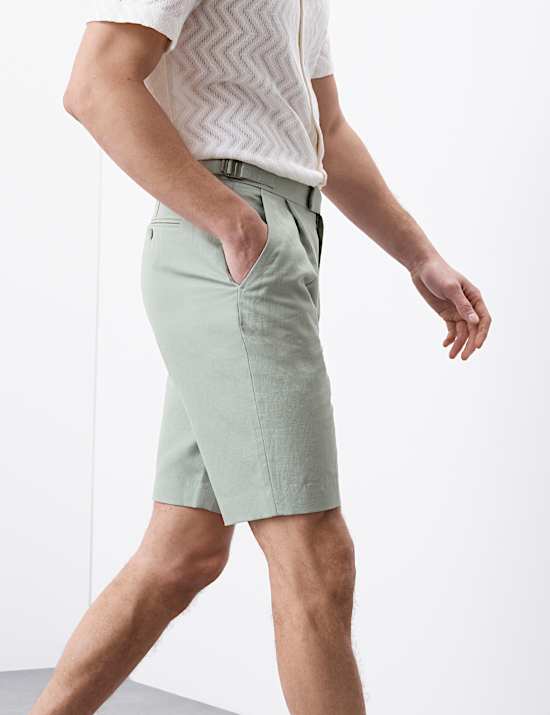 Cotton Linen Blend Single Pleat Shorts