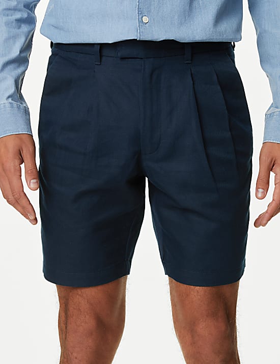 Linen Blend Pleat Front Shorts