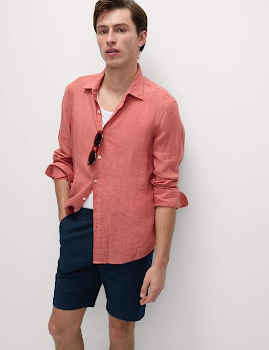 Pantalones cortos con cintura con el&aacute;stico en mezcla de lino de algod&oacute;n