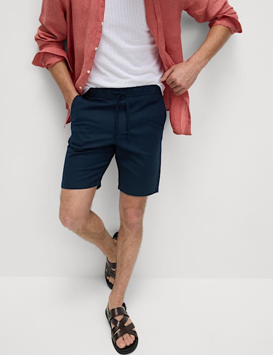 Pantalones cortos con cintura con el&aacute;stico en mezcla de lino de algod&oacute;n