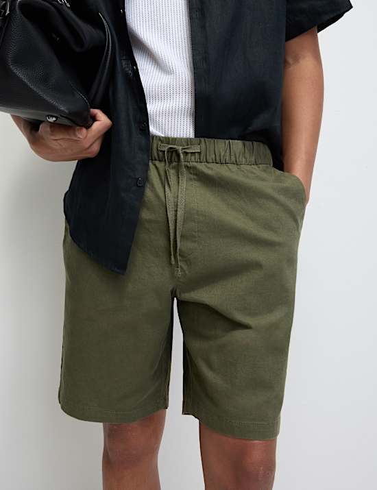 Cotton Linen Blend Elasticated Waist Shorts
