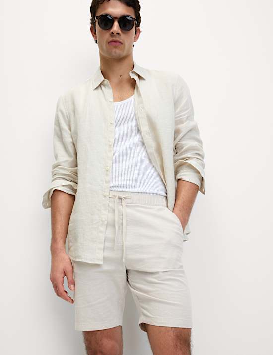 Cotton Linen Blend Elasticated Waist Shorts