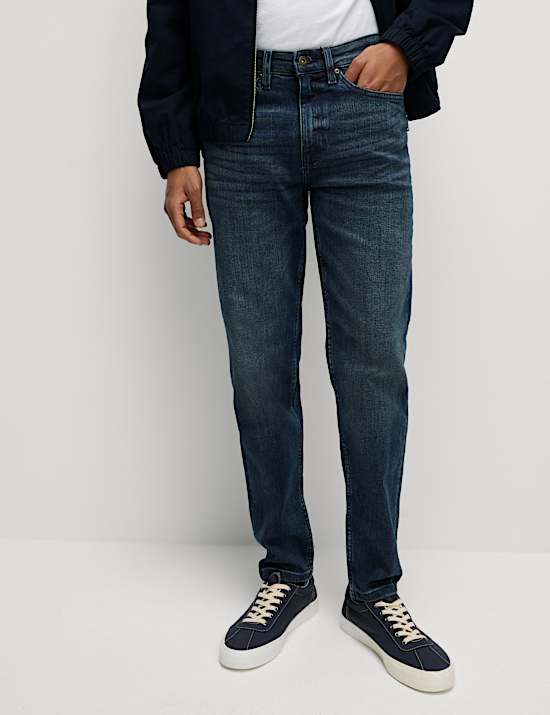 Tapered Fit Vintage Wash Stretch Jeans