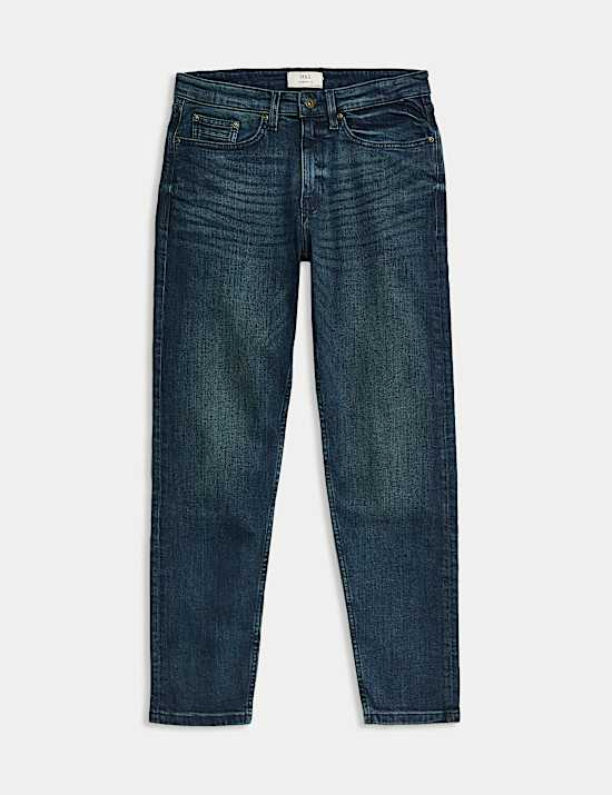 Tapered Fit Vintage Wash Stretch Jeans
