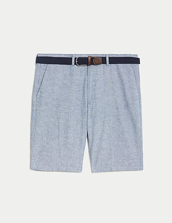 Linen Blend Striped Belted Chino Shorts
