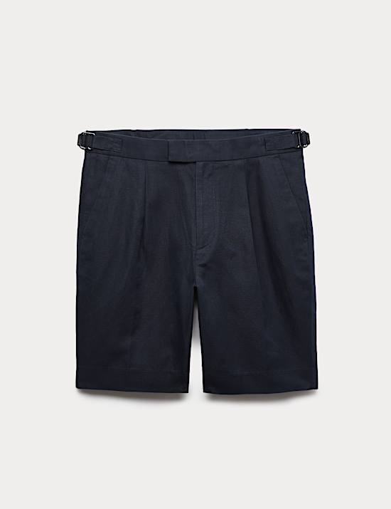 Short &agrave; plis sur le devant en coton et lin m&eacute;lang&eacute;