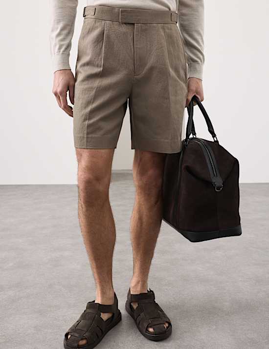 Cotton Linen Blend Pleat Front Shorts