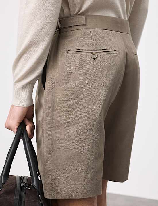 Cotton Linen Blend Pleat Front Shorts