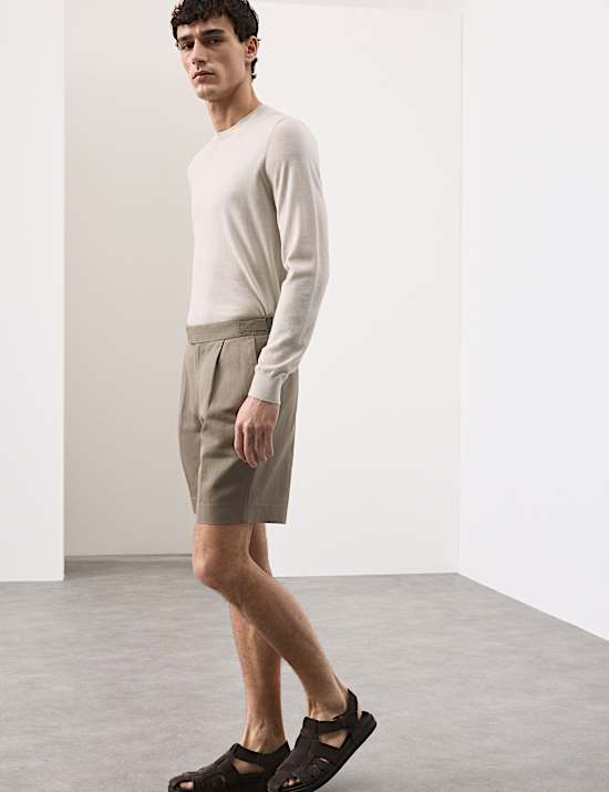 Cotton Linen Blend Pleat Front Shorts