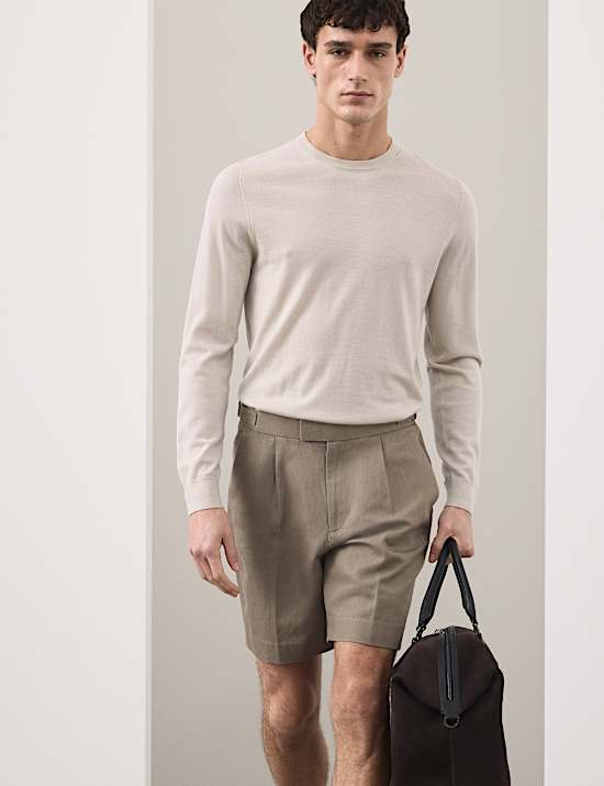 Cotton Linen Blend Pleat Front Shorts