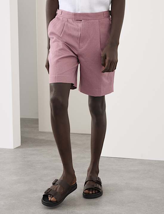 Cotton Linen Blend Pleat Front Shorts