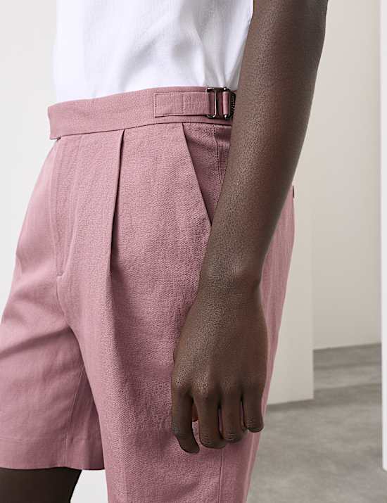 Cotton Linen Blend Pleat Front Shorts