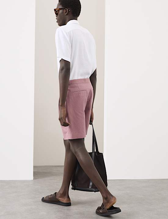 Cotton Linen Blend Pleat Front Shorts