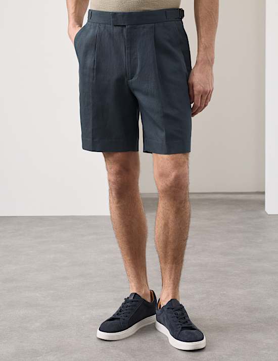Cotton Linen Blend Pleat Front Shorts