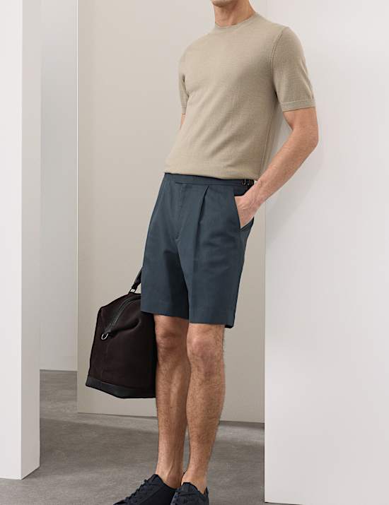Cotton Linen Blend Pleat Front Shorts