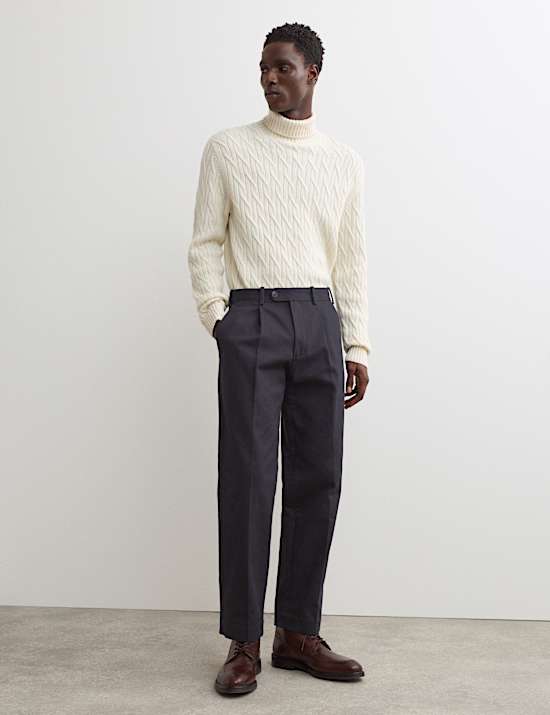 Pure Cotton Tapered Fit Pleated Twill Trousers