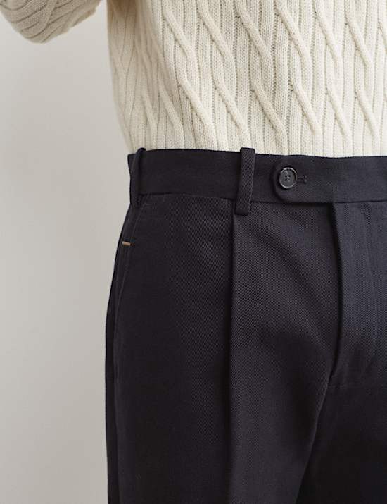 Pure Cotton Tapered Fit Pleated Twill Trousers