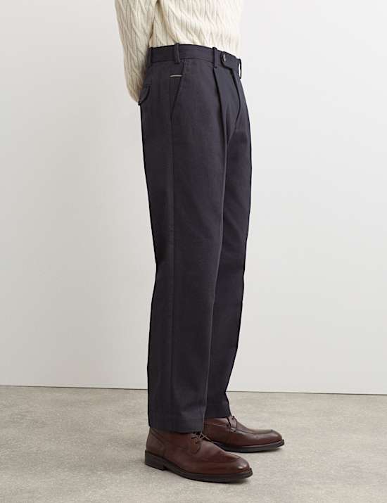 Pure Cotton Tapered Fit Pleated Twill Trousers