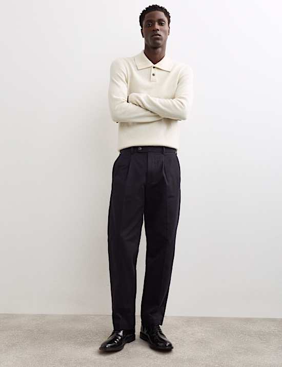 Pure Cotton Tapered Fit Pleated Twill Trousers