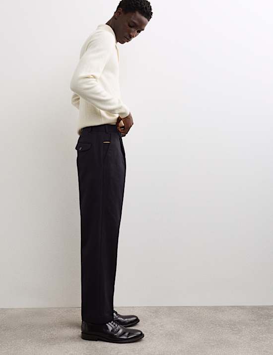 Pure Cotton Tapered Fit Pleated Twill Trousers