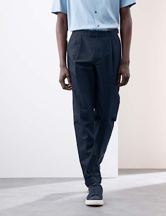 Linen Blend Single Pleat Smart Trousers