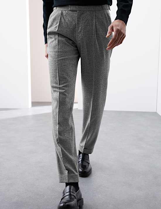 Tapered Fit Single Pleat Trousers with Linen