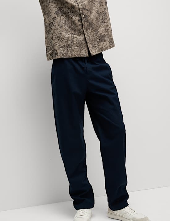 מכנסיים אלסטיים מתערובת כותנה ופשתן בגזרה משוחררת