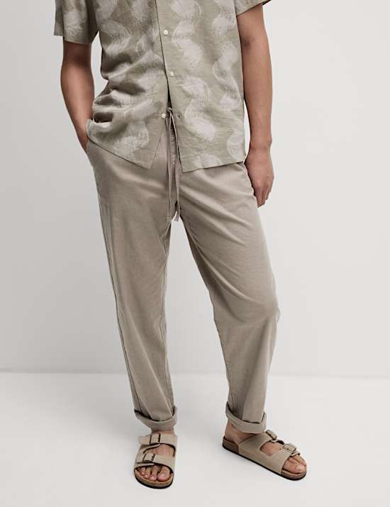 Loose Fit Cotton Linen Blend Elasticated Trousers