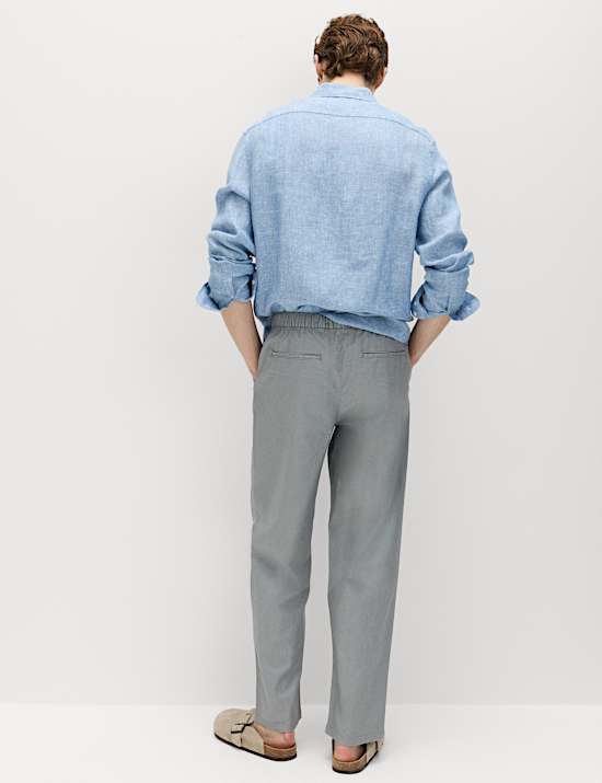 Pantalon taille &eacute;lastique coupe large en lin m&eacute;lang&eacute;