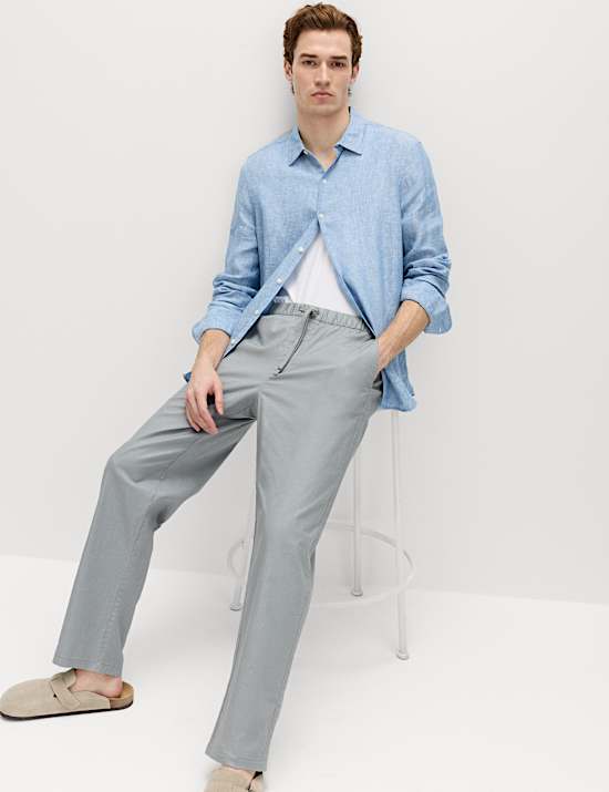 Pantalon taille &eacute;lastique coupe large en lin m&eacute;lang&eacute;