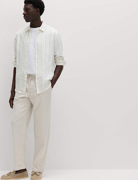 Pantalones con cintura con el&aacute;stico de corte holgado en mezcla de lino