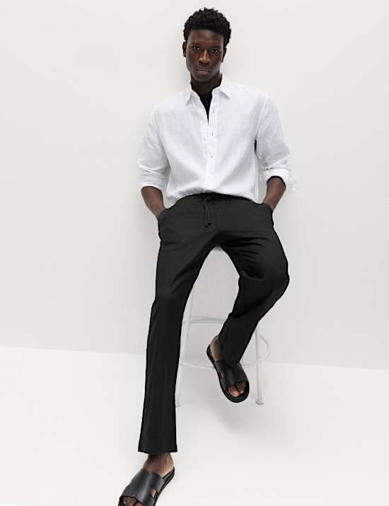 Loose Fit Linen Blend Elasticated Waist Trousers