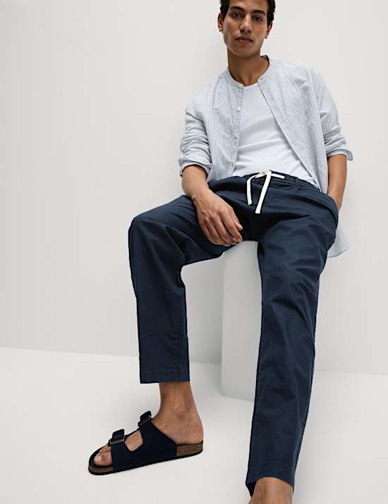Tapered Fit Cotton Linen Blend Elasticated Trousers
