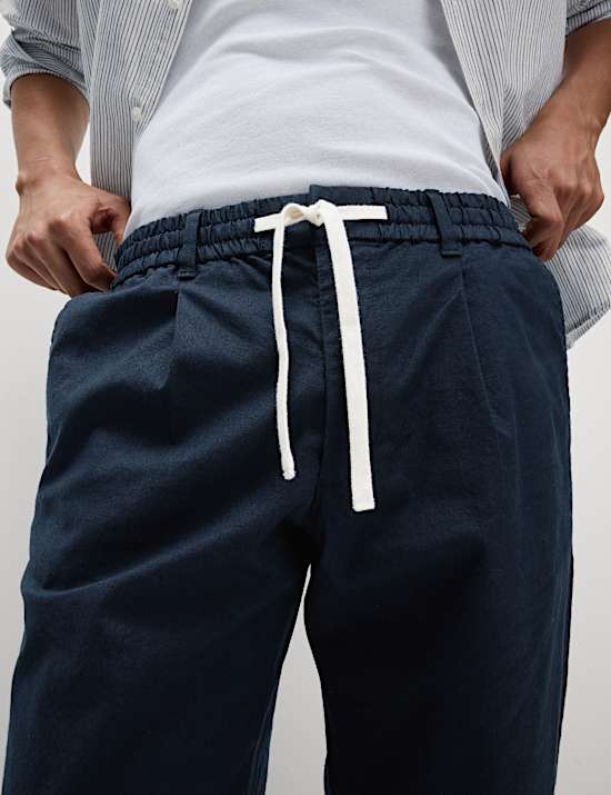 Tapered Fit Cotton Linen Blend Elasticated Trousers