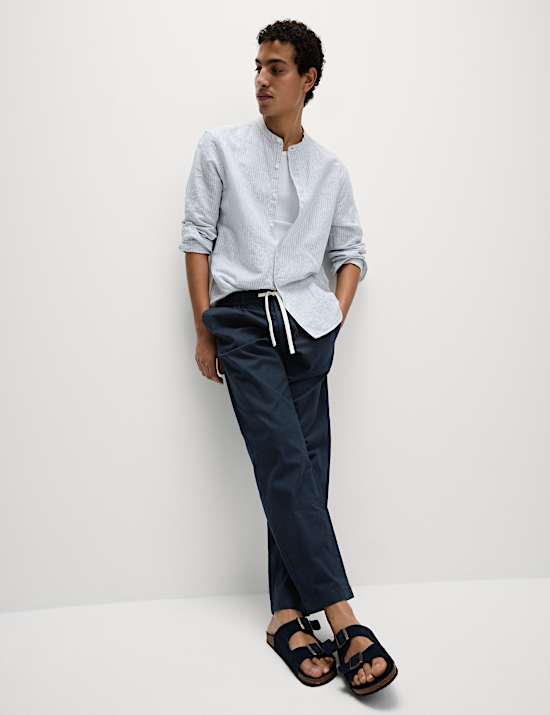 Tapered Fit Cotton Linen Blend Elasticated Trousers