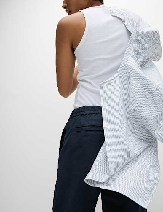 Tapered Fit Cotton Linen Blend Elasticated Trousers