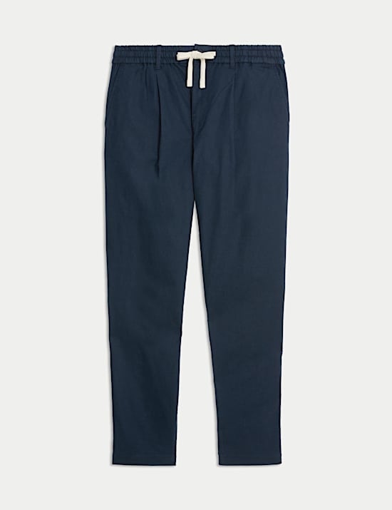 Tapered Fit Cotton Linen Blend Elasticated Trousers