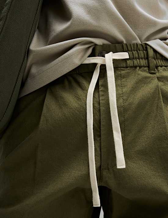 Tapered Fit Cotton Linen Blend Elasticated Trousers