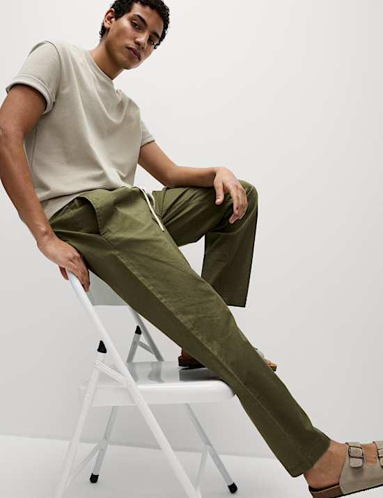 Tapered Fit Cotton Linen Blend Elasticated Trousers