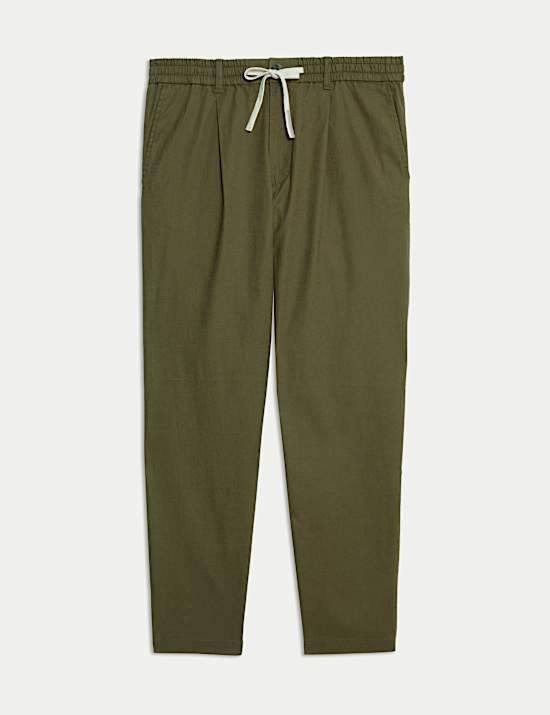 Tapered Fit Cotton Linen Blend Elasticated Trousers