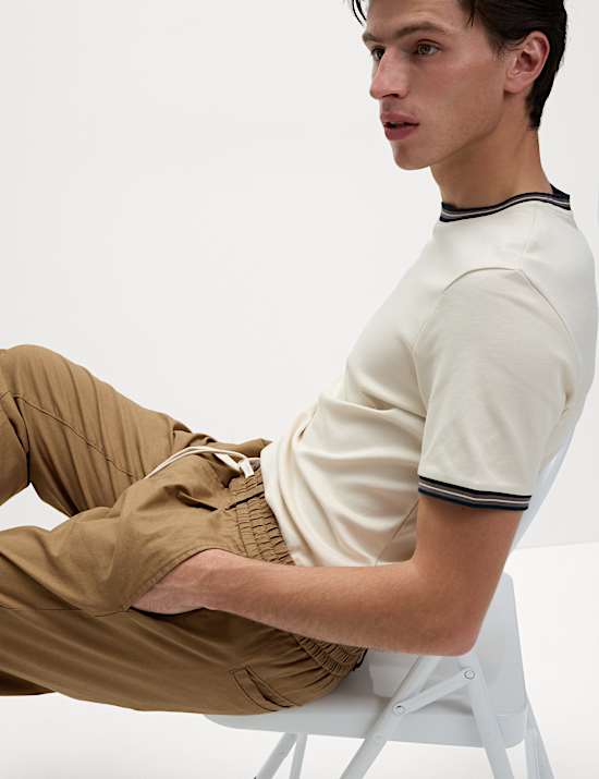 Tapered Fit Cotton Linen Blend Elasticated Trousers