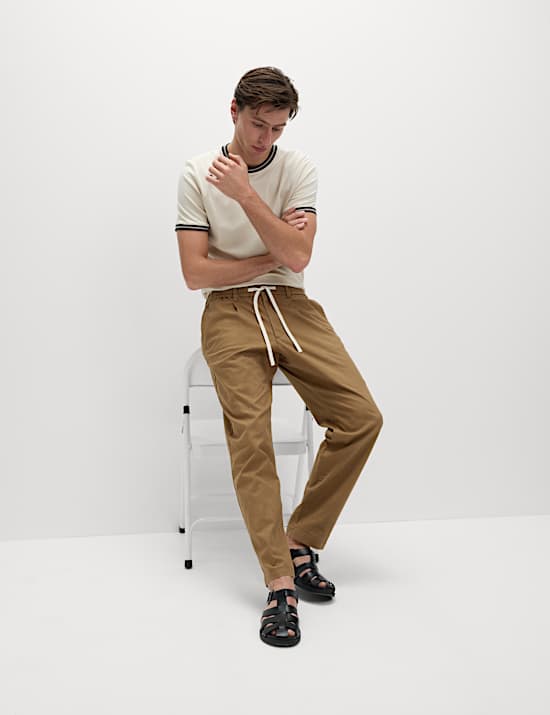 Tapered Fit Cotton Linen Blend Elasticated Trousers