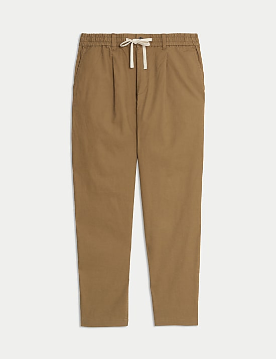 Tapered Fit Cotton Linen Blend Elasticated Trousers