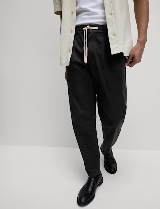 Tapered Fit Cotton Linen Blend Elasticated Trousers