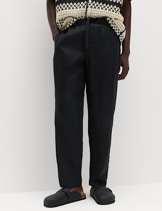 מכנסיים מפשתן טהור בגזרה משוחררת עם מותן אלסטי