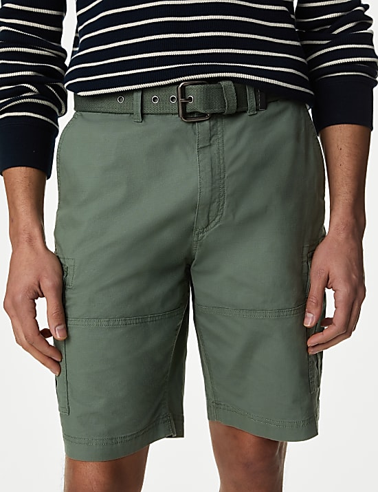 Pure Cotton Ripstop Textured  Belted Cargo Shorts