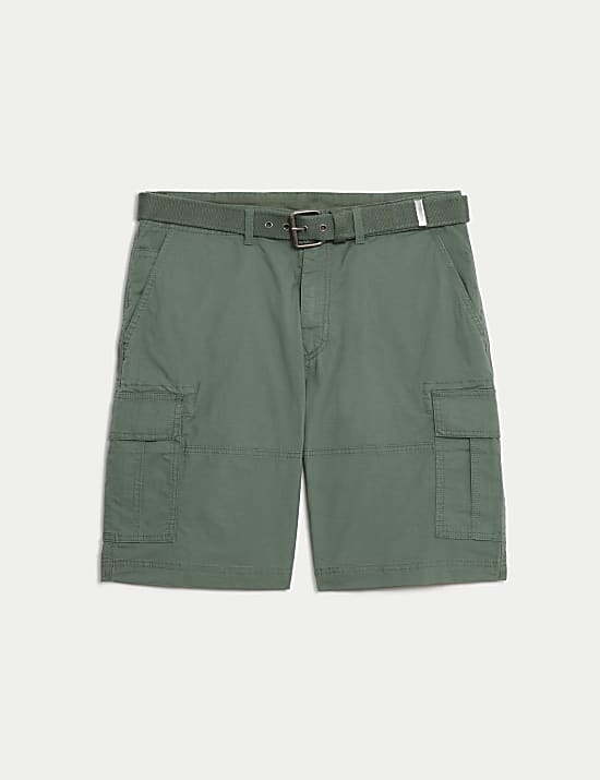 Pure Cotton Ripstop Textured  Belted Cargo Shorts