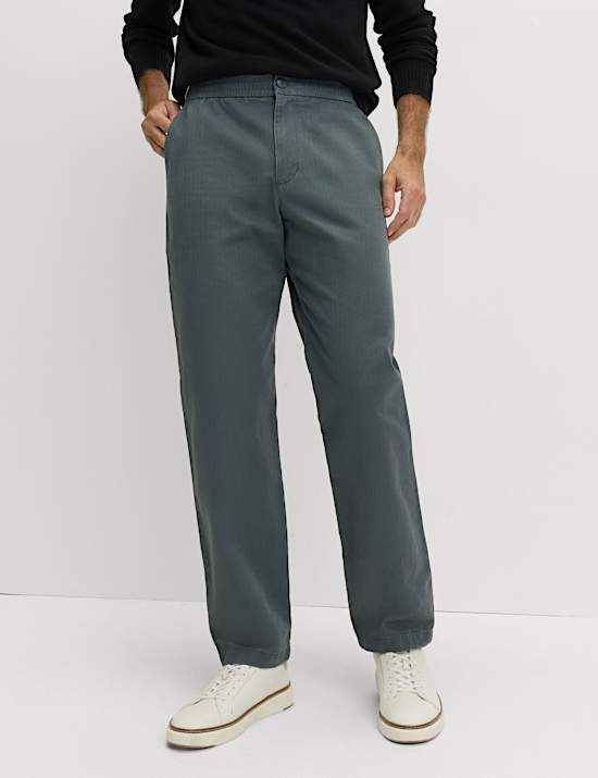 Tapered Fit Pure Cotton Herringbone Trousers