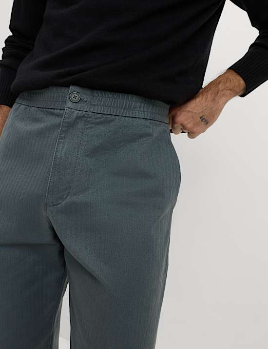 Tapered Fit Pure Cotton Herringbone Trousers